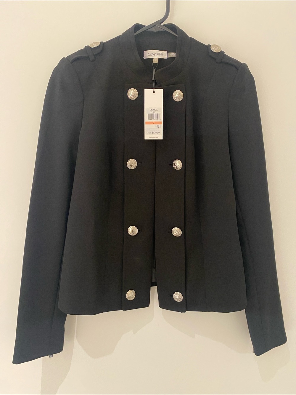 NWT Calvin Klein Military Style Jacket Blazer With Mandarin Collar Black Size 2